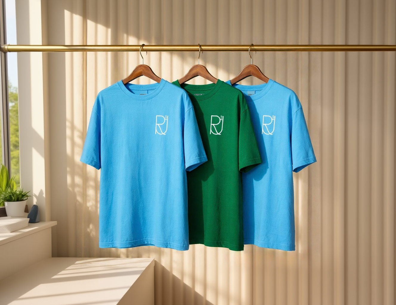 Two blue and one green t-shirt with a logo on hangers against a neutral background